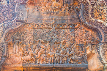 Sandstone carving stone of ancient Khmer.