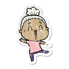 distressed sticker of a cartoon happy old lady