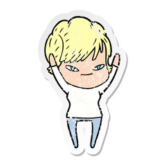 distressed sticker of a cartoon happy woman