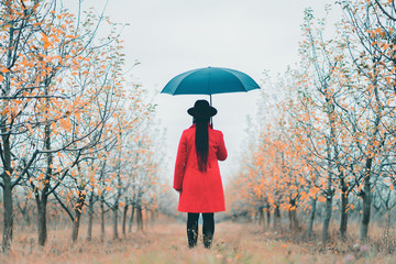 Woman in red coat and with umbrella between trees in apple garden at autumn season. Minimalism, travel, nature concept.