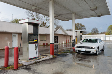 An american muscle car in the gas station