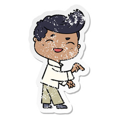 distressed sticker of a cartoon man laughing and pointing