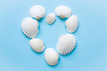 Composition of exotic sea shells on a blue background. Summer concept. Flat Lay. Top View