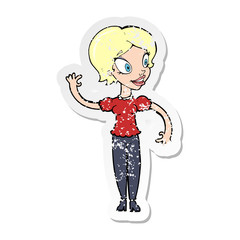 retro distressed sticker of a cartoon woman waving