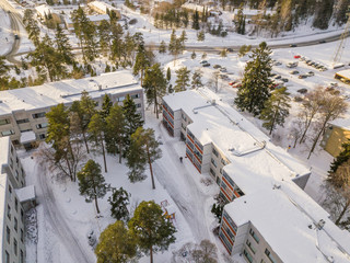 Aerial winter suburbs in Perno, Turku, Finland. February 2019.