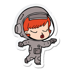 sticker of a cartoon pretty astronaut girl pointing