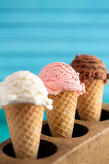 A Line of Three Classic Flavors of Ice Cream in a Wooden Sugar Mold