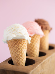 A Line of Three Classic Flavors of Ice Cream in a Wooden Sugar Mold