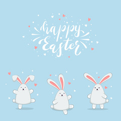 Rabbits on Blue Background and Lettering Happy Easter