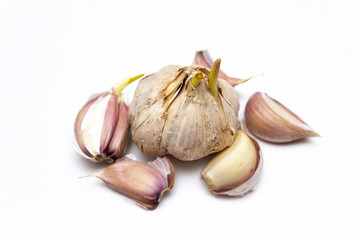 Fresh garlic  and pepper on white  board, isolated on white background.
