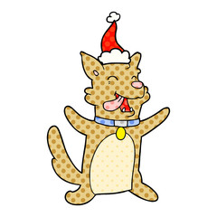 comic book style illustration of a happy dog wearing santa hat