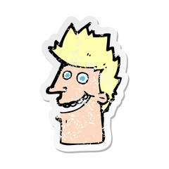 retro distressed sticker of a cartoon happy man face