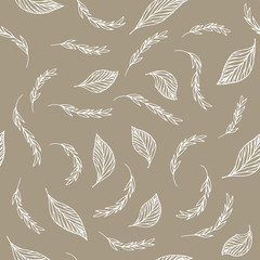 Seamless pattern with white leaves on twill beige background 