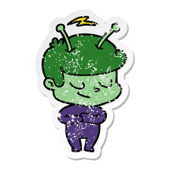distressed sticker of a friendly cartoon spaceman