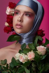 Beauty make up girl  with flowers