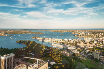 Aerial view of Sydney Harbour, Woolloomooloo and Royal Botanic Garden in view