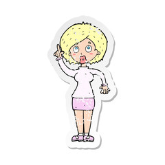 retro distressed sticker of a cartoon woman with idea