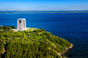 Canakkale Martyrs Monument and Gallipoli Peninsula / shot by a drone from air	