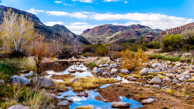 The almost dry Sycamore Creek in the McDowell Mountain Range in Northern Arizona at the Log Coral Wash Exit of Arizona SR87