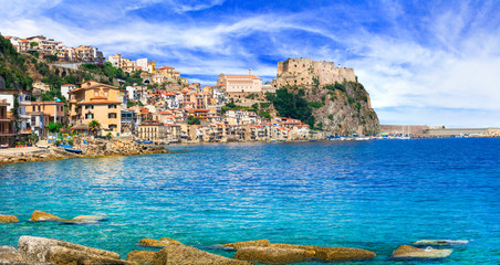 beautiful sea and places of Calabria - medieval Scilla town with old castle. south of Italy - obrazy, fototapety, plakaty