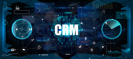 CRM - Customer relationship management. Customer relationship management concept. Vector illustration in futuristic style. Business strategy CRM