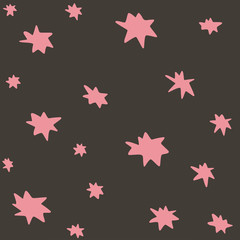 Fototapeta na wymiar Cute hand drawn color vector seamless pattern. Pink stars isolated on dark grey, black background. Unique abstract texture for invitations, cards, websites, wrapping paper, textile