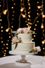 Festive cake. Classic wedding cake made from delicate sponge cake and delicious cream, decorated with blossom flowers