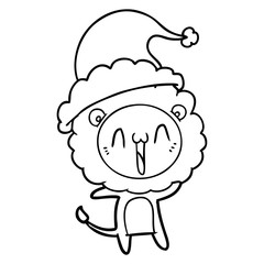 happy line drawing of a lion wearing santa hat