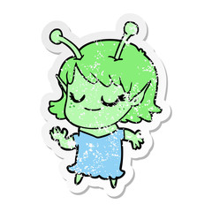 distressed sticker of a smiling alien girl cartoon