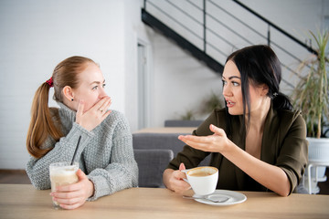 Two young women argue in cafe while drinking coffee