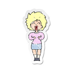 retro distressed sticker of a cartoon screaming woman