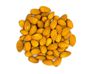 Almond heap on white background, top view photo. Tasty healthy snack. Scattered nut on table.