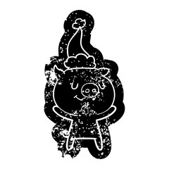 happy cartoon distressed icon of a pig wearing santa hat