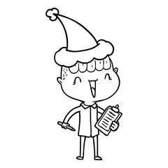 line drawing of a happy boy surprised wearing santa hat