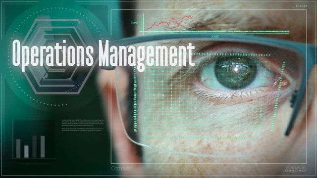 A close up of a businessman eye controlling a futuristic computer system with a Operations Management Business concept.
