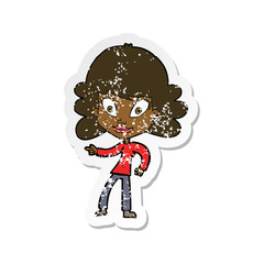 retro distressed sticker of a cartoon woman pointing