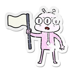 distressed sticker of a cartoon three eyed alien waving flag