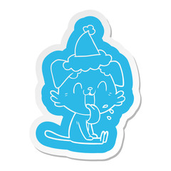 cartoon  sticker of a panting dog wearing santa hat