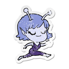 distressed sticker of a smiling alien girl cartoon running