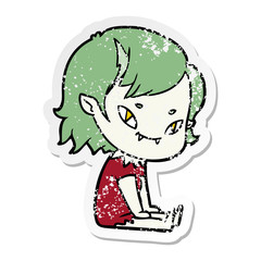 distressed sticker of a cartoon friendly vampire girl sat down