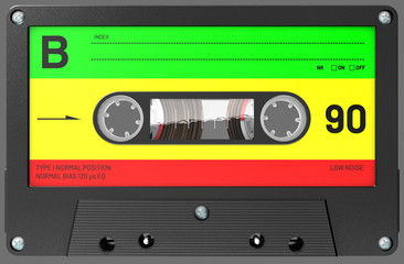 3d illustration of an rastafarian colored audio cassette with sticker and label