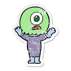 distressed sticker of a cartoon cyclops alien spaceman