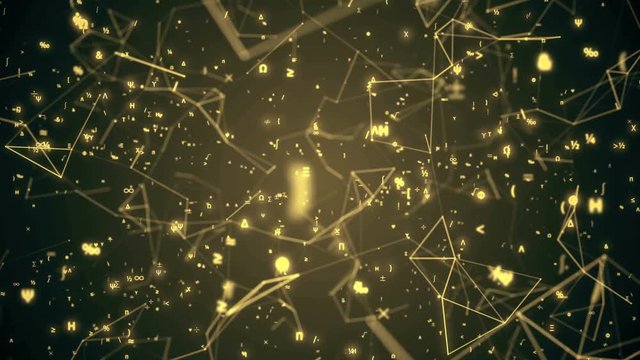 Digital seamless mathematical symbols loop. Abstract digital futuristic motion background with math and physics symbols and mesh network grid. 3D animation with alpha matte channel. 4K science concept