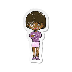 retro distressed sticker of a cartoon woman with folded arms