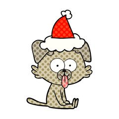 comic book style illustration of a sitting dog with tongue sticking out wearing santa hat