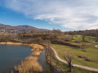 Naklejka premium Aerial view of the Annone lake in Brianza - Italy