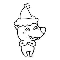 line drawing of a bear showing teeth wearing santa hat