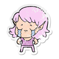 distressed sticker of a cartoon crying elf girl