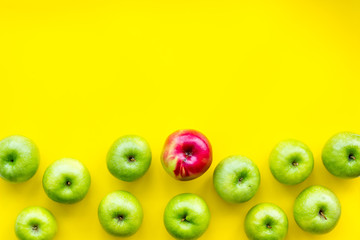 food pattern with green apples on yellow background top view space for text