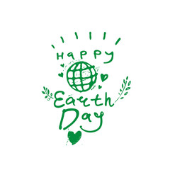 Happy Earth Day. Green handwritten logo. April 22. Vector hand drawn template painted globe with hearts, green branches and an inscription.